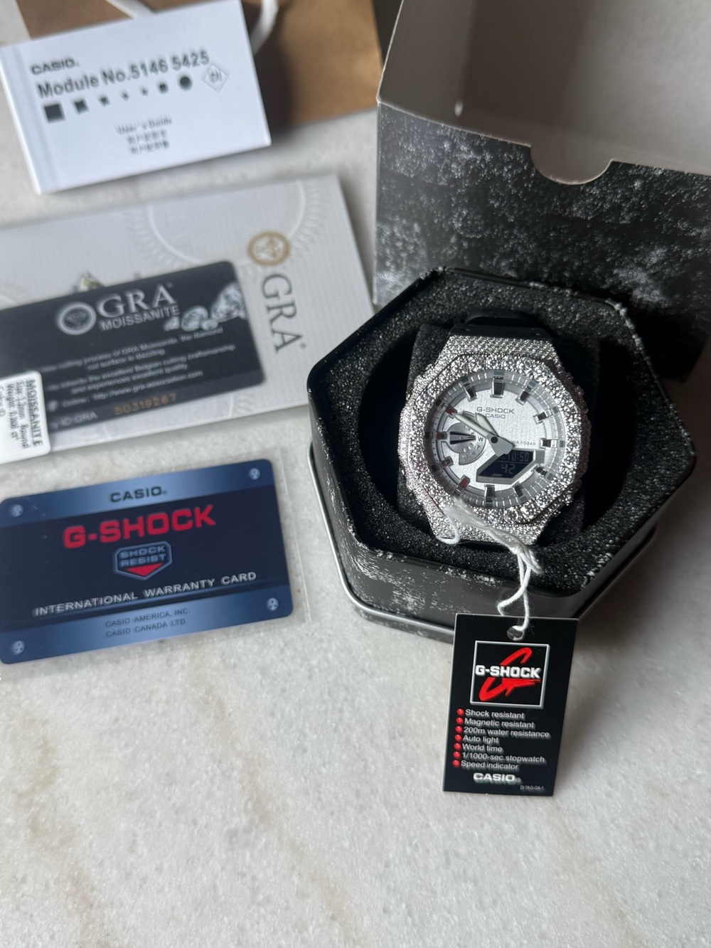 G-Shock Men’s Silver Crystal-Studded Analog-Digital Watch